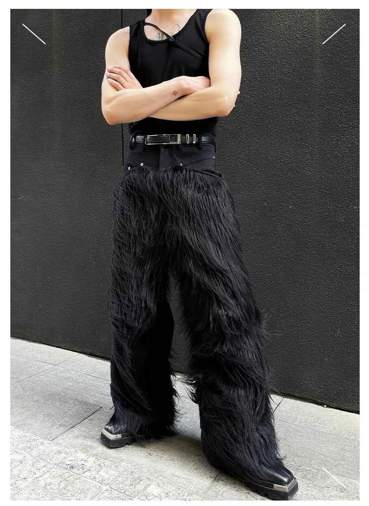 Mauroicardi Autumn Winter Long Black Thick Warm Hairy Shaggy Faux Fur Wide Leg Pants for Mens Luxury Designer Clothes Streetwear
