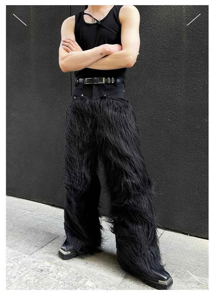Mauroicardi Autumn Winter Long Black Thick Warm Hairy Shaggy Faux Fur Wide Leg Pants for Mens Luxury Designer Clothes Streetwear