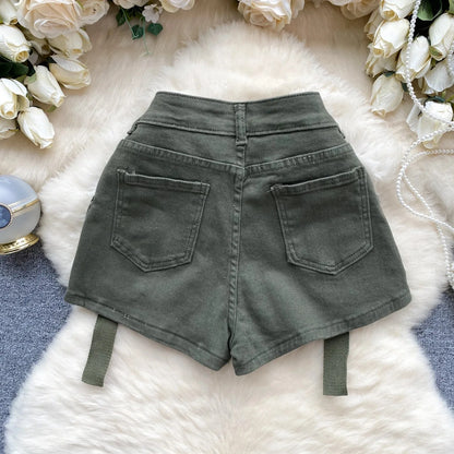 Women's Summer High Waisted Stretchy Denim Shorts Korean Cargo Style Slim Fit Ultra Short Hot Pants with Large Pockets for Dance