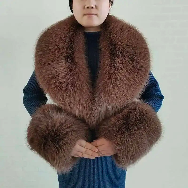 Large Winter Faux Fox Fur Scarf Women Jackets Warm Fluffy Shawl Fashion Artificial Fur Collar And Cuff Set Fluffy Scarves Female