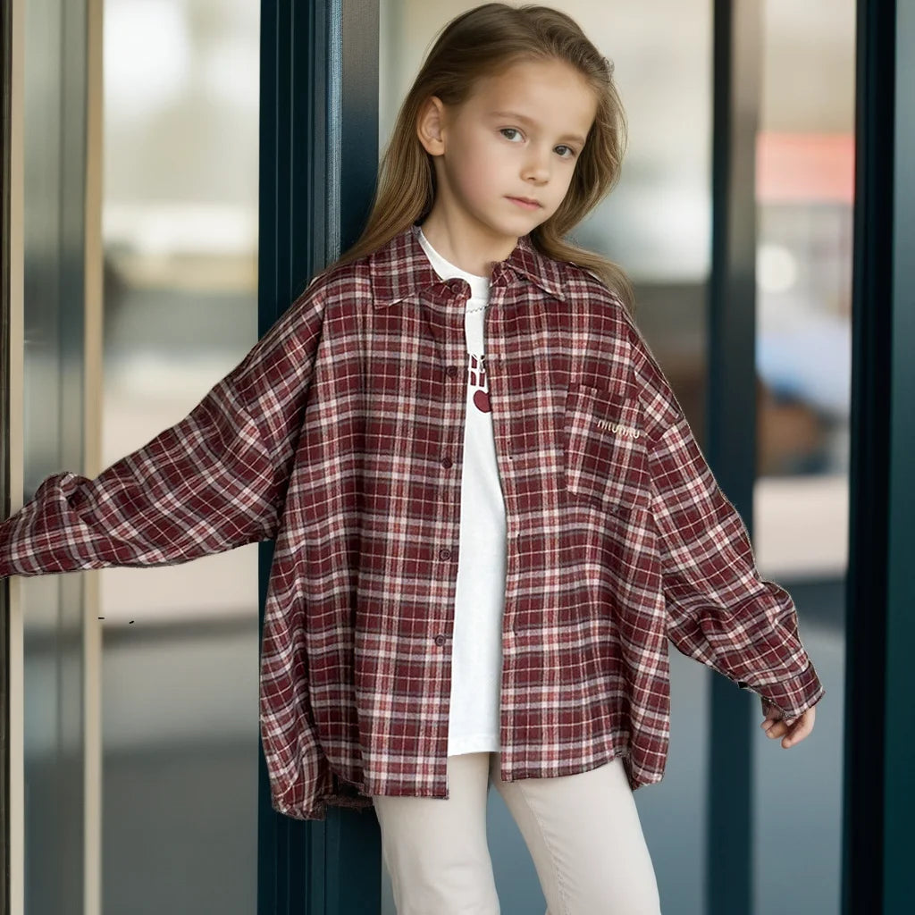 2025 Spring Girls Plaid Shirt Comfort Fashion Teen Kids Tops Clothes Casual All-match Long Sleeve Children Blouse 10 12 13 Years