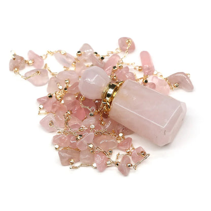Natural Stone Rose Quartz Perfume Bottle Essential Oil Diffuser Reiki Healing Exquisite Necklace Jewelry Gift - AMULET RING STORE