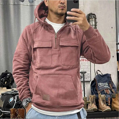 Men's half-zip tactical hooded sweatshirt, solid-color warm fleece workwear style sweatshirt, men's multi-pocket hooded jacket