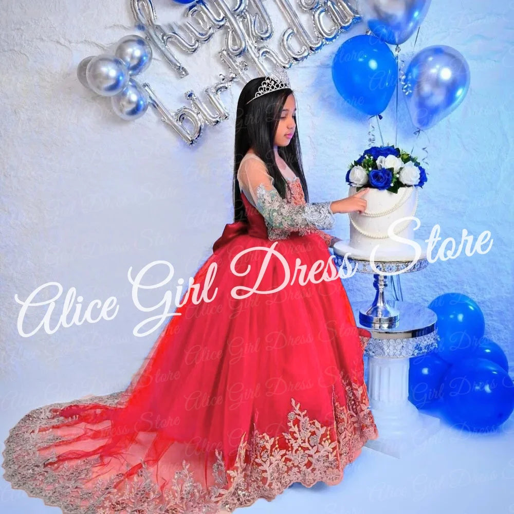 Customized Royal Blue Princess Flower Girl Dress for Wedding Lace Appliques Full Sleeve Baby Birthday Dress First Communion Gown