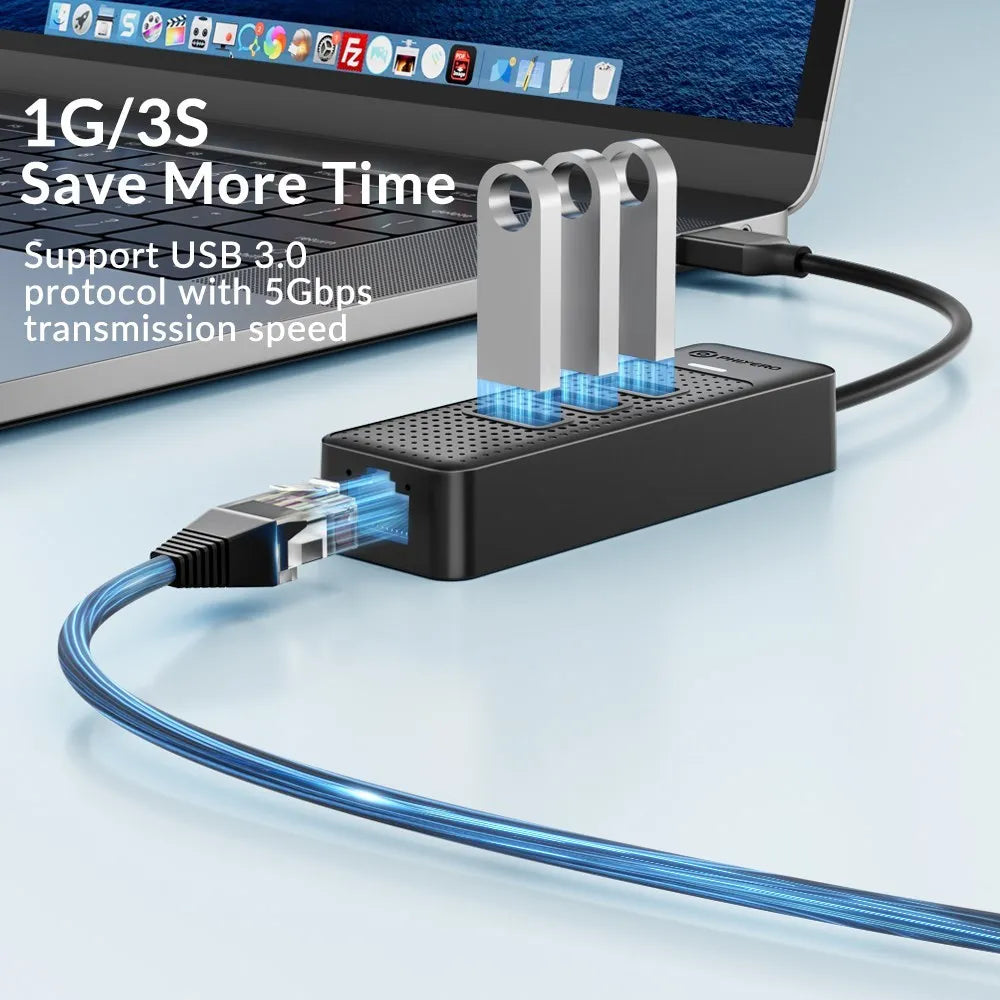 PHIXERO USB 3.0 Hub 2500Mbps Ethernet With RJ45 USB Splitter Multi Port Data Adapter Expander for Laptop Computer PC Accessories