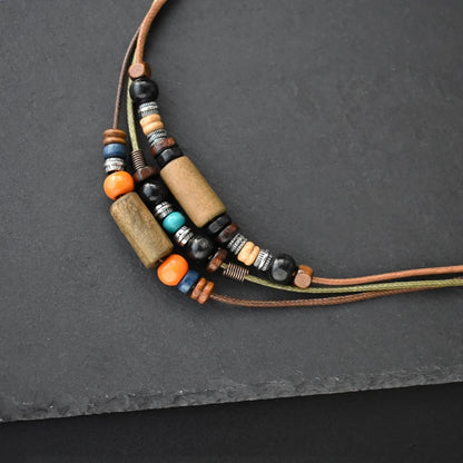 Men 2 Layers Leather Rope Necklace Vintage Fashion Retro Creative Natural Wood Layered Pendant Charm Wax Rope Faux Leather