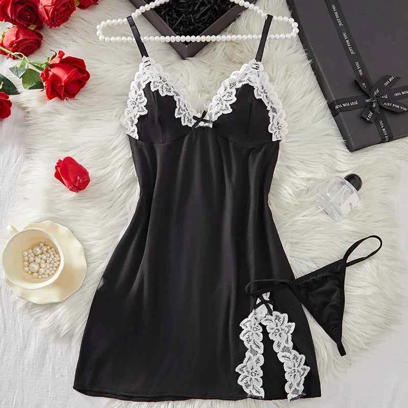 Deep V Women Nightdress Light Purple Sexy Adult Lace Bow Temptation Lingerie Gentle Erotic Clothing Dress Babydoll Underwear Set