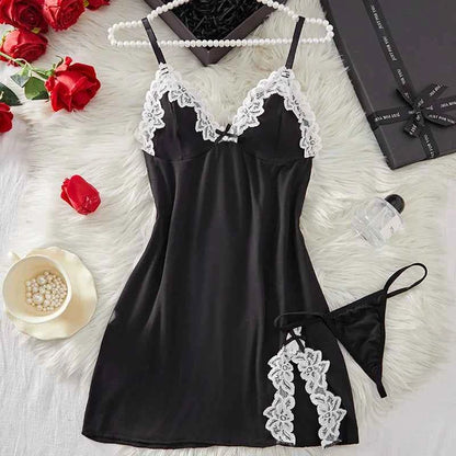 Deep V Women Nightdress Light Purple Sexy Adult Lace Bow Temptation Lingerie Gentle Erotic Clothing Dress Babydoll Underwear Set