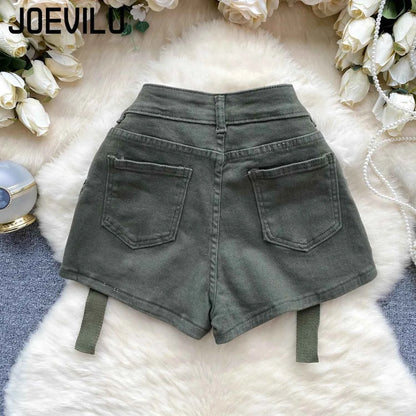 Women's Summer High Waisted Stretchy Denim Shorts Korean Cargo Style Slim Fit Ultra Short Hot Pants with Large Pockets for Dance