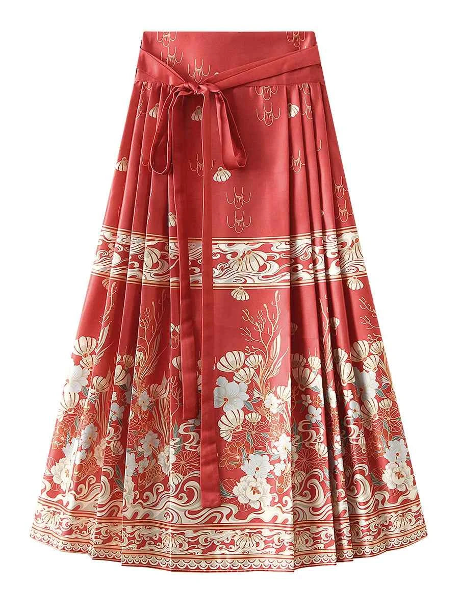 Women s Horse Face Skirt Elegant Phoenix Character Flower Print Pleated Tie Up A-Line Long Swing Skirt National Clothing