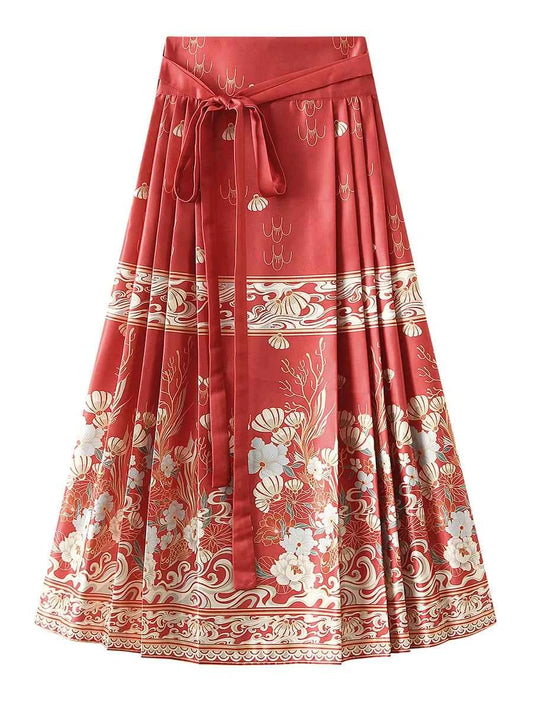 Women s Horse Face Skirt Elegant Phoenix Character Flower Print Pleated Tie Up A-Line Long Swing Skirt National Clothing