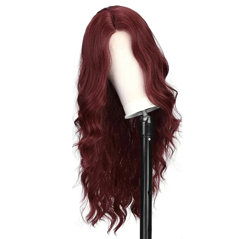 Red wine color synthetic wig with long curly hair, full head of wig, party, daily use, high-temperature hair wig - AMULET RING STORE