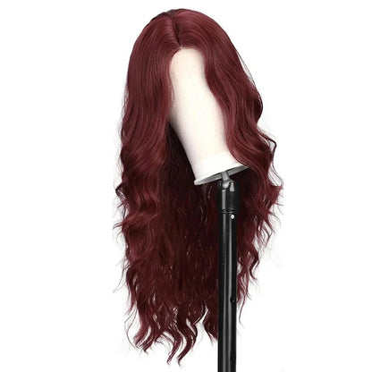 Red wine color synthetic wig with long curly hair, full head of wig, party, daily use, high-temperature hair wig - AMULET RING STORE