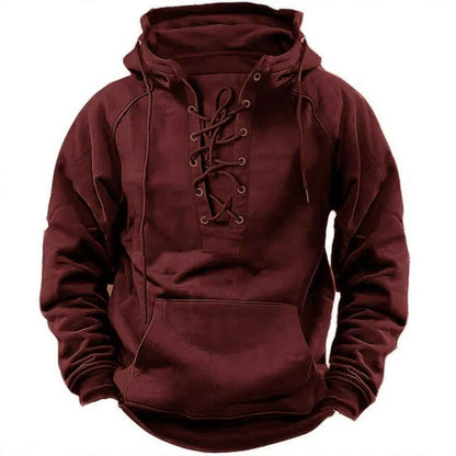 2025 Men's Autumn Winter Outdoor Casual Jacket: Retro Lace-Up, Loose Fit, Pure Color Long Sleeve Hooded Sweatshirt