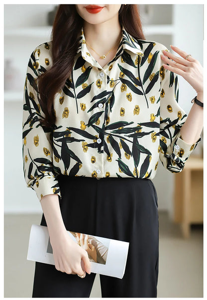2025 Spring Autumn New Office Lady Blouse Fashion Floral Printed Shirt Turndown Collar Med-Length Long Sleeve Women Tops