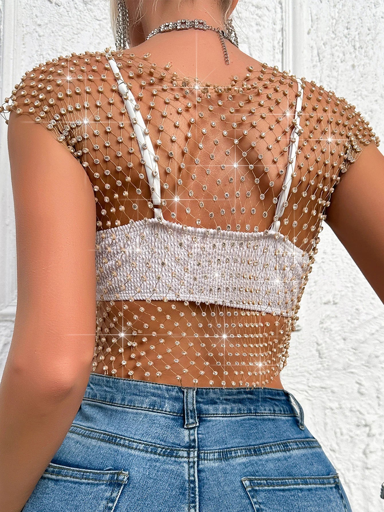 Sexy see through black rhinestone Crop Top Women 2025 Summer Sparkly fishnet beach Party Tank Top night club outfits Tops smock - AMULET RING STORE