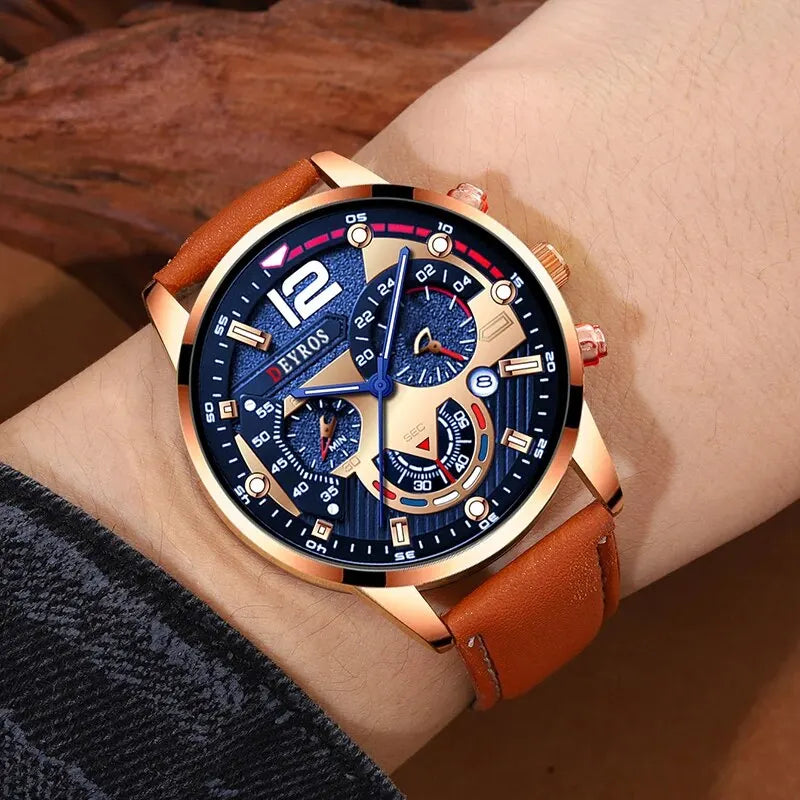2PCS Set Fashion Mens Calendar Watches Luxury Male Business Casual Brown Leather Quartz Watch Men Bracelet Wrist Watch - AMULET RING STORE