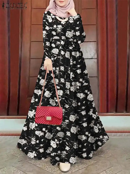 Women Vintage Long Sleeve Floral Printed Sundress Muslim Long Dress Turkey Abaya ZANZEA Eid Mubarek Robe IsIamic Hijab Vestido - AMULET RING STORE