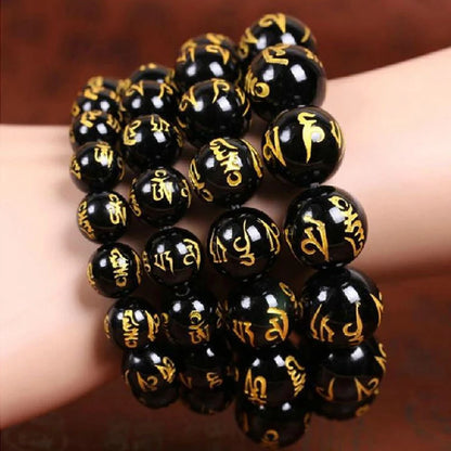 8/10/12/14mm Tibetan Buddhism Six Words Mantra Bracelets For Men Women Black Obsidian Amulet Lucky Bangles Jewelry with Gift Box