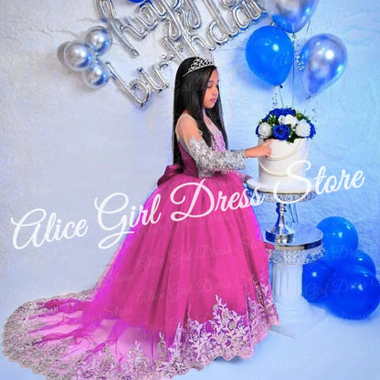 Customized Royal Blue Princess Flower Girl Dress for Wedding Lace Appliques Full Sleeve Baby Birthday Dress First Communion Gown