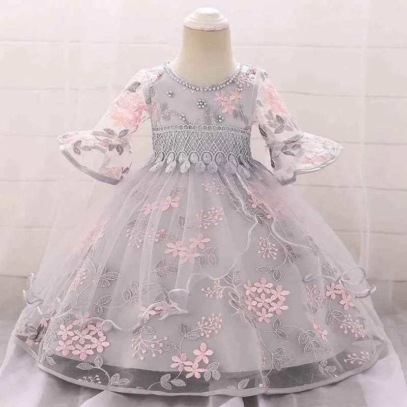 Long Sleeve Flower Baby Girls Dresses Newborn Pink 1st Birthday Tulle Princess Dress For Girl Bridesmaid Wedding Summer Clothing