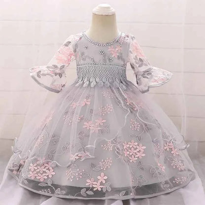 Long Sleeve Flower Baby Girls Dresses Newborn Pink 1st Birthday Tulle Princess Dress For Girl Bridesmaid Wedding Summer Clothing