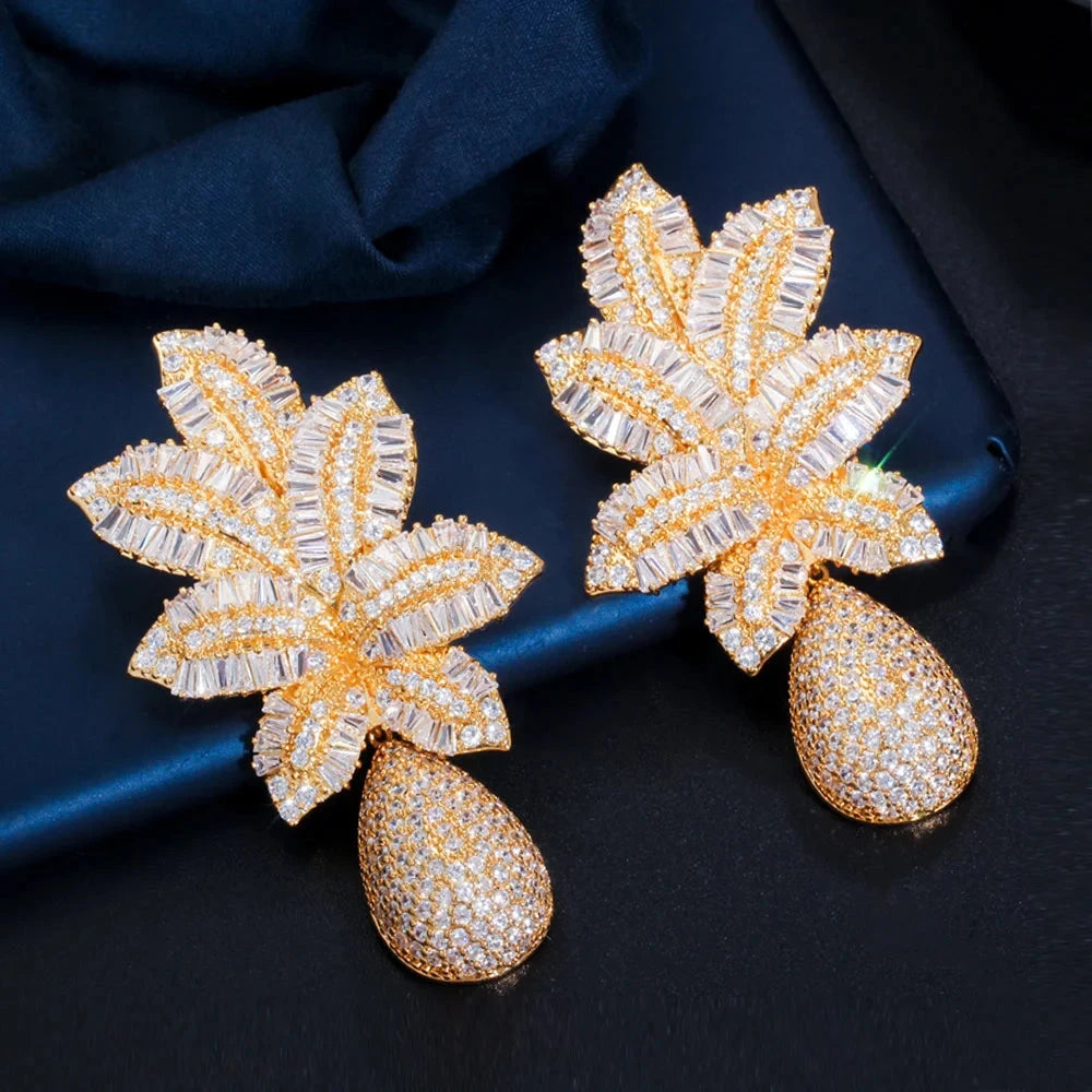 Pera Gorgeous White Cubic Zirconia Silver Color Large Leaf Water Drop Wedding Party Dangle Earrings for Brides Jewelry Gift E606 - AMULET RING STORE