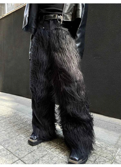 Mauroicardi Autumn Winter Long Black Thick Warm Hairy Shaggy Faux Fur Wide Leg Pants for Mens Luxury Designer Clothes Streetwear