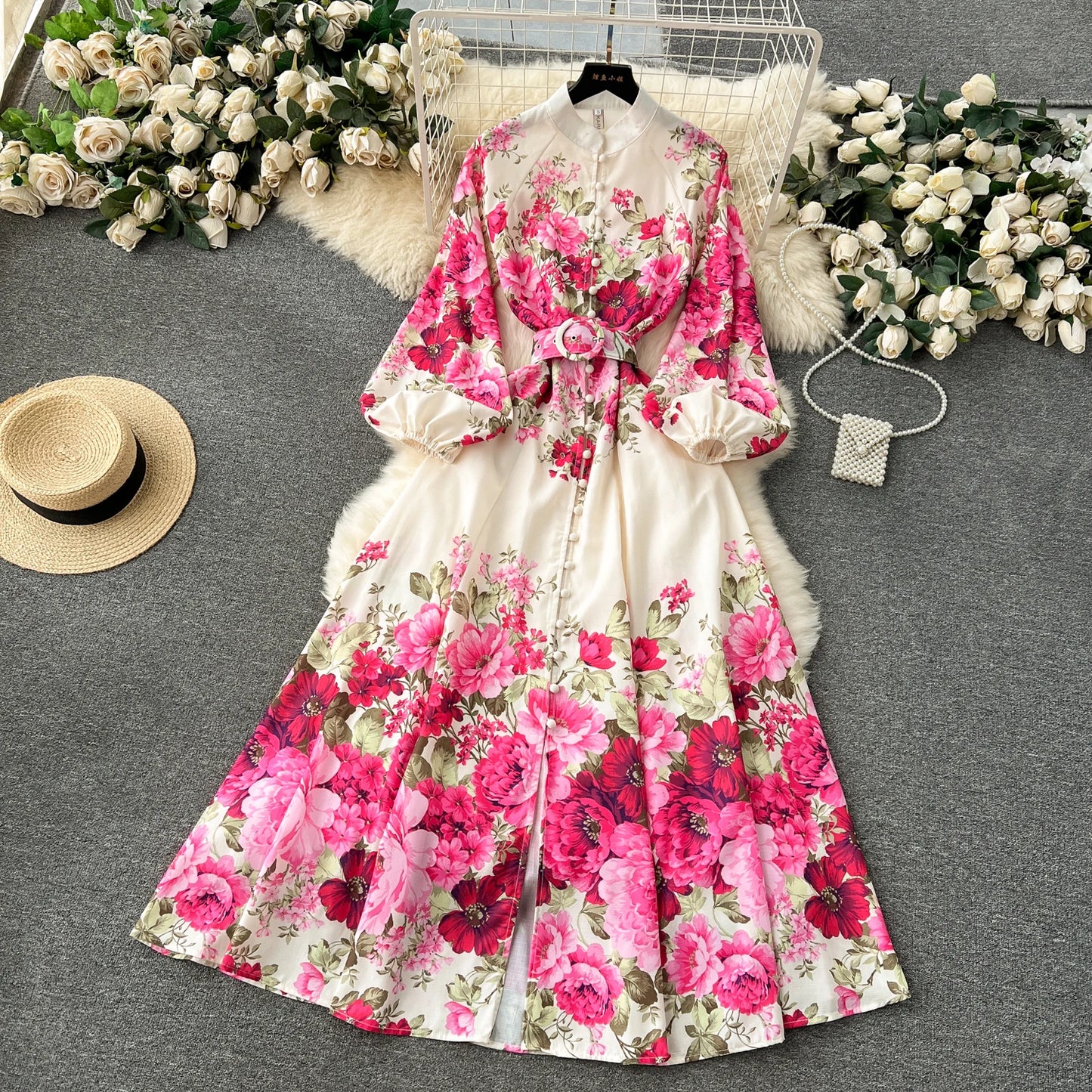 Elegant Gorgeous Floral Bohemian Dress Spring Women Stand Long Lantern Sleeve Floral Print Belt Linen Long Vestidos Clothes 6235