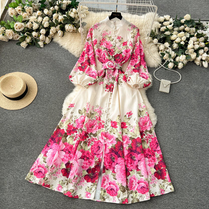 Elegant Gorgeous Floral Bohemian Dress Spring Women Stand Long Lantern Sleeve Floral Print Belt Linen Long Vestidos Clothes 6235