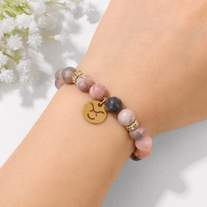 MHS.SUN 12 Star Zodiac Sign Pink Zebra Stone Beaded Bracelets Constellation Fashion Birthday Party Jewelry For Women Men