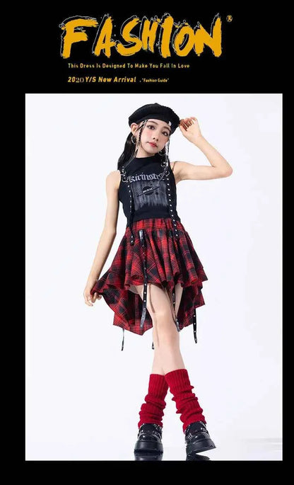 Hip Hop Girls Crop Top Plaid Street Dance Skirt Kids Ribbon Pleated Skirts Teens Jazz Cool Costumes Child Streetwear Clothes Set
