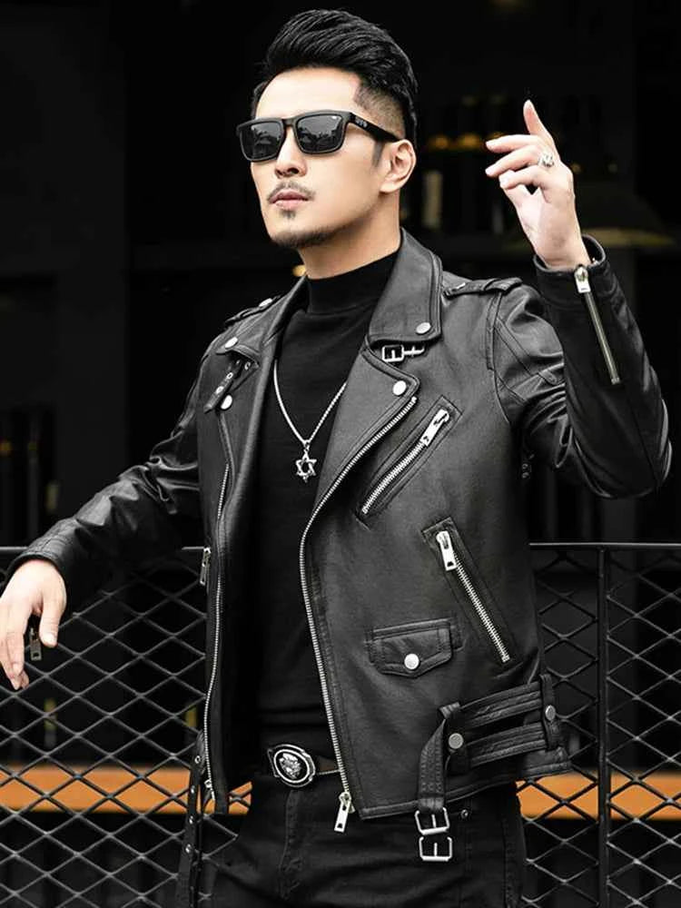 Spring Autumn Short Cool Black Leather Biker Jacket Men Zipper Long Sleeve Belt Plus Size European Fashion brand leather jackets