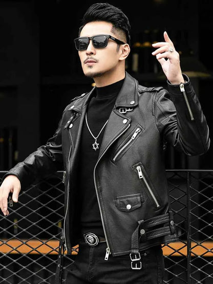 Spring Autumn Short Cool Black Leather Biker Jacket Men Zipper Long Sleeve Belt Plus Size European Fashion brand leather jackets