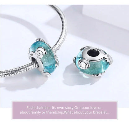 BISAER 925 Sterling Silver Charm Ocean Style Fish Dolphin Mermaid Shell Blue CZ Bead For Necklace&Bracelet DIY Fine Jewelry Gift - AMULET RING STORE