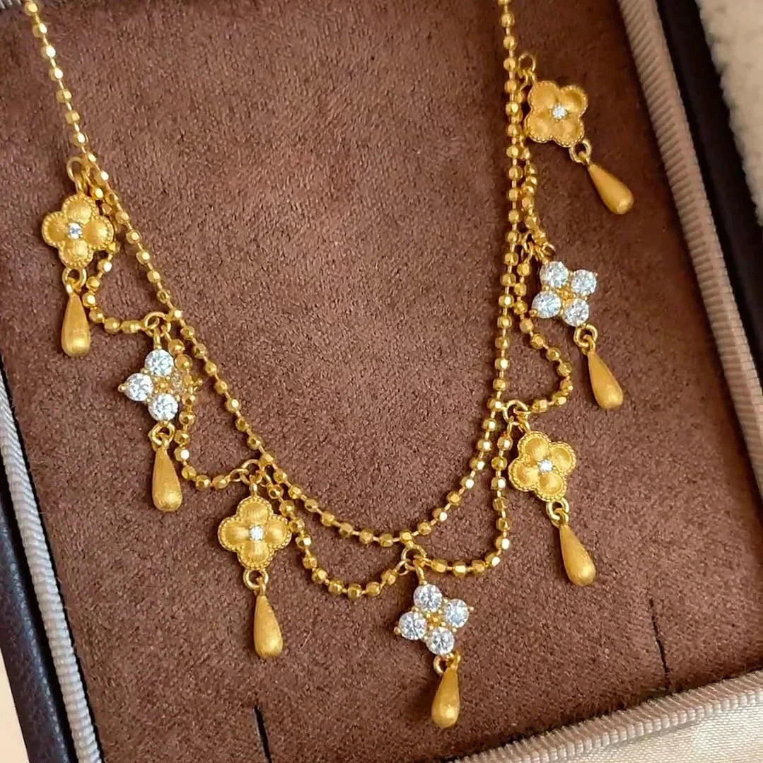 999 24K real gold water drop fringed four-leaf clover necklace for women diamond retro princess brushed clavicle chain for women - AMULET RING STORE