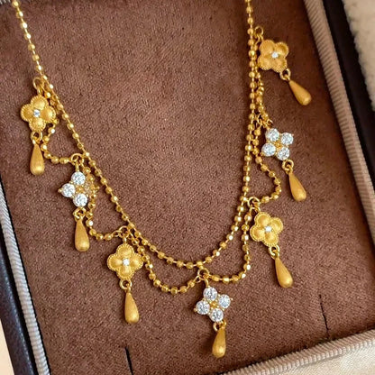999 24K real gold water drop fringed four-leaf clover necklace for women diamond retro princess brushed clavicle chain for women - AMULET RING STORE