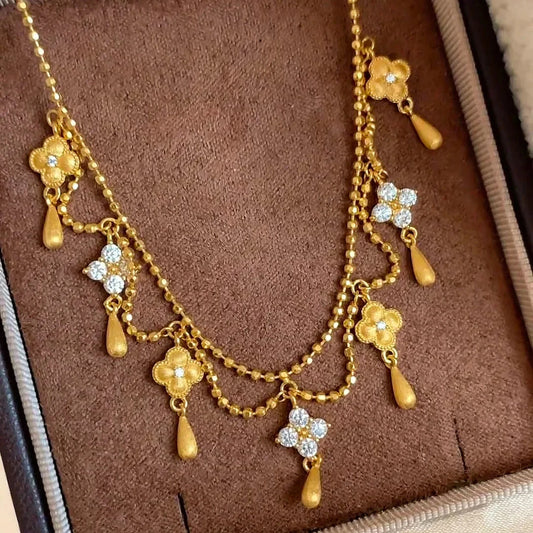 999 24K real gold water drop fringed four-leaf clover necklace for women diamond retro princess brushed clavicle chain for women - AMULET RING STORE