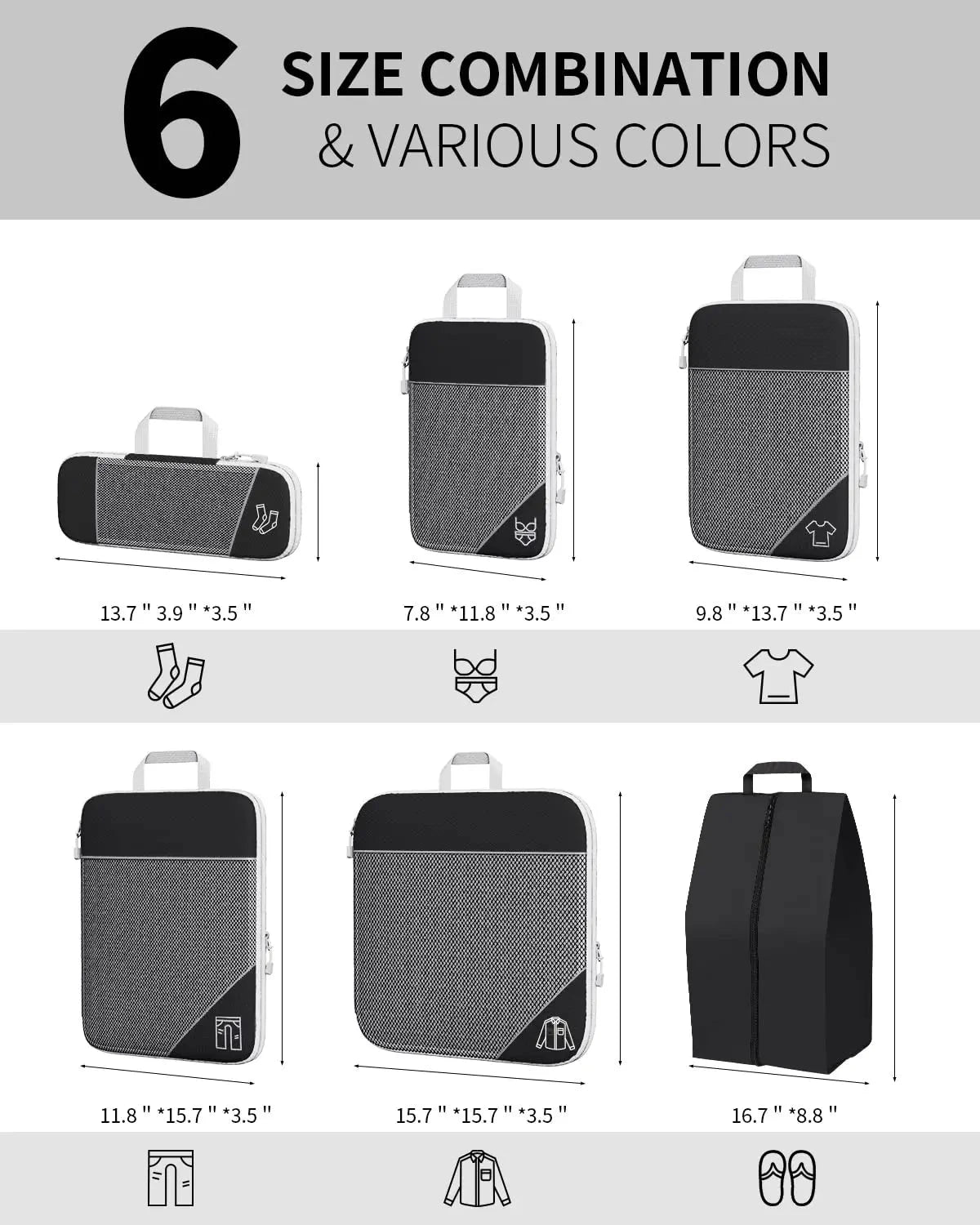 3/6PCS Compressed Packing Cubes Travel Storage Set With Shoe Bag Mesh Visual Luggage Organizer Portable Lightweight Suitcase Bag - AMULET RING STORE