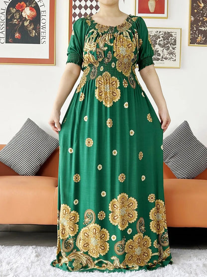 New Summer Women Abaya Short Sleeve Dashiki Floral Collect Waist Loose Maxi Robe Floral Femme Musulmane African Printing Abaya