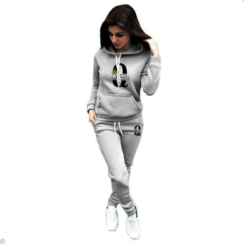 Women's New Queen Printed Sweatshirt Hoodie Sweatshirt and Sweatpants Casual Sports Two Piece Sportswear