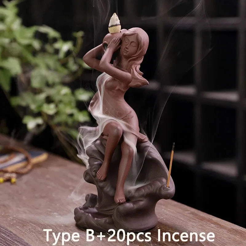 Waterfall Incense Burner Holder Backflow Ceramic Purple Sands Mermaid Cones for Home Decor Ornaments Zen Yoga Meditation Gift - AMULET RING STORE