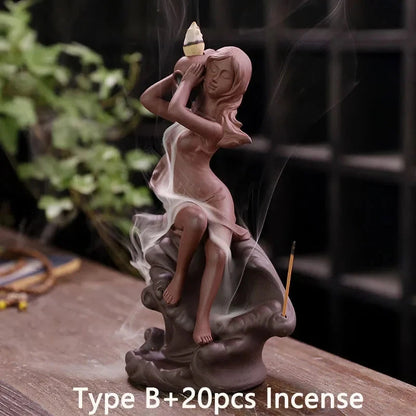 Waterfall Incense Burner Holder Backflow Ceramic Purple Sands Mermaid Cones for Home Decor Ornaments Zen Yoga Meditation Gift - AMULET RING STORE