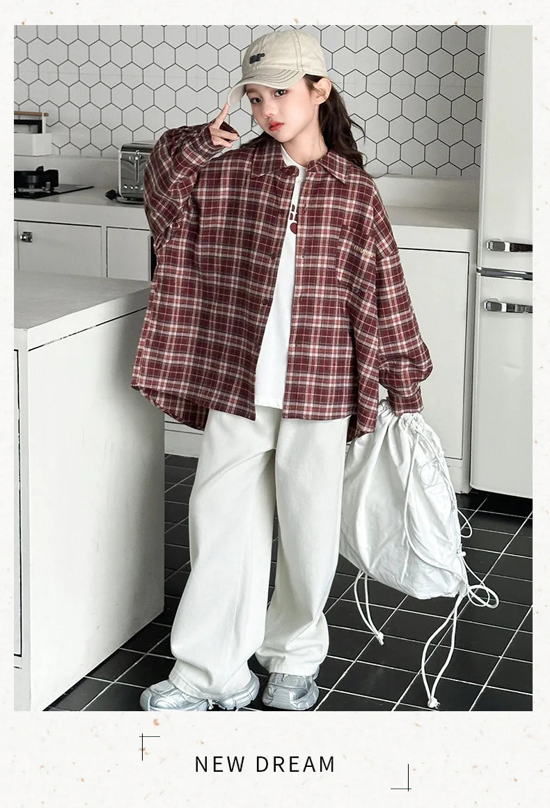 2025 Spring Girls Plaid Shirt Comfort Fashion Teen Kids Tops Clothes Casual All-match Long Sleeve Children Blouse 10 12 13 Years