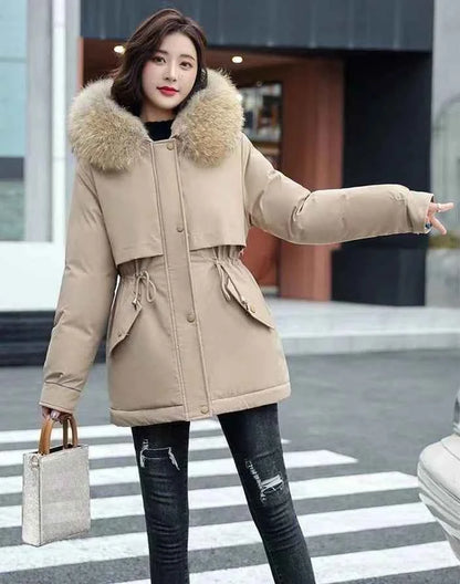 2025 Winter Women's Parka Cotton Padded Coat Korean Style Mid Length Waist Cinching Thickened for Cold Suitable for Short Girls