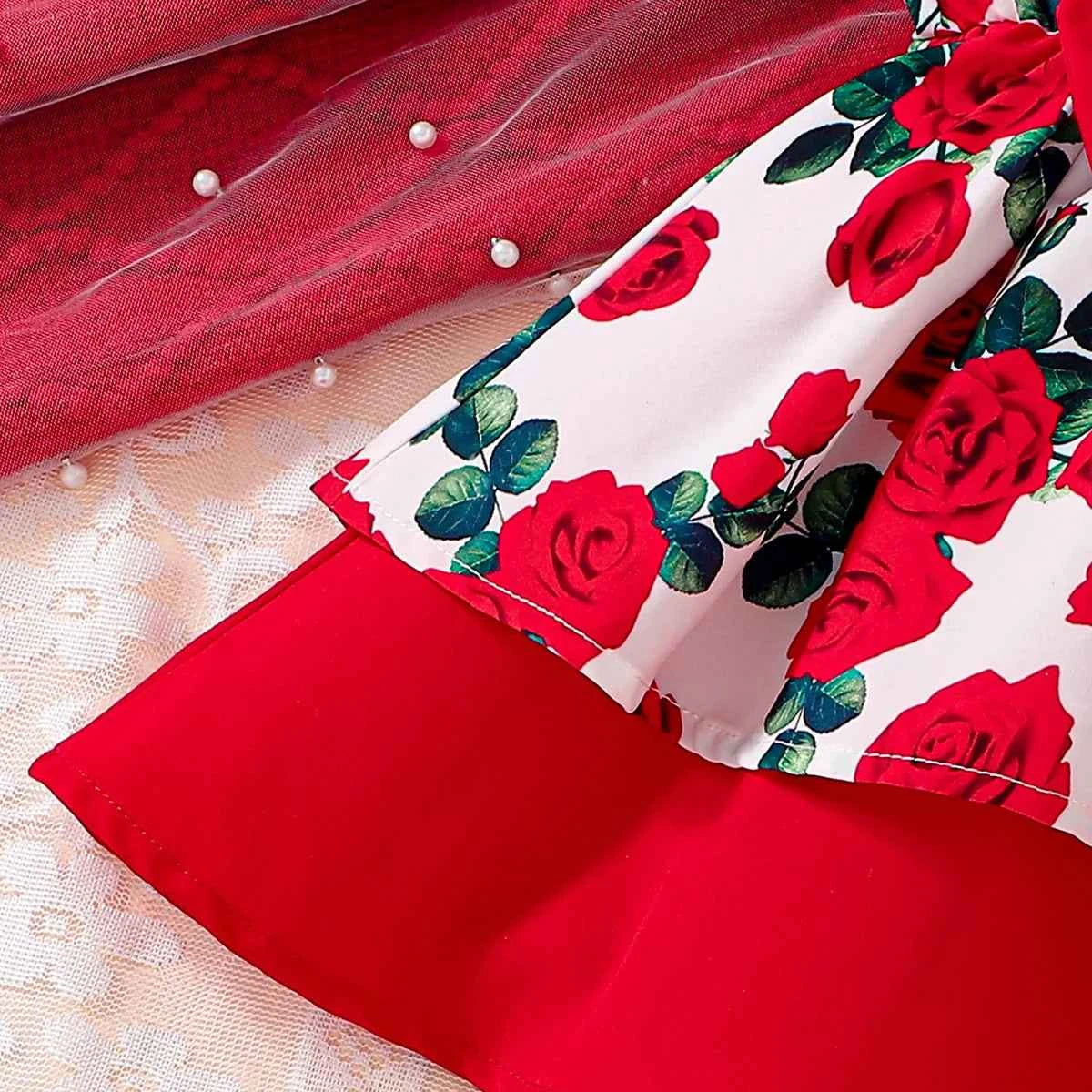 Girls Rose Print Dress Sleeveless Design Big Red Bow Sweet Princess Skirt Children's Clothing Kids' Dresses