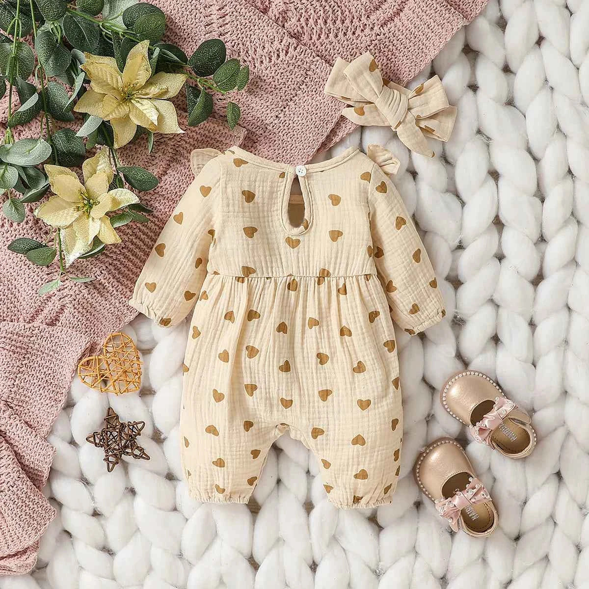 Baby Girls Summer Long Sleeve Printing Love With Bowknot  For Casual Daily Cotton Jumpsuit