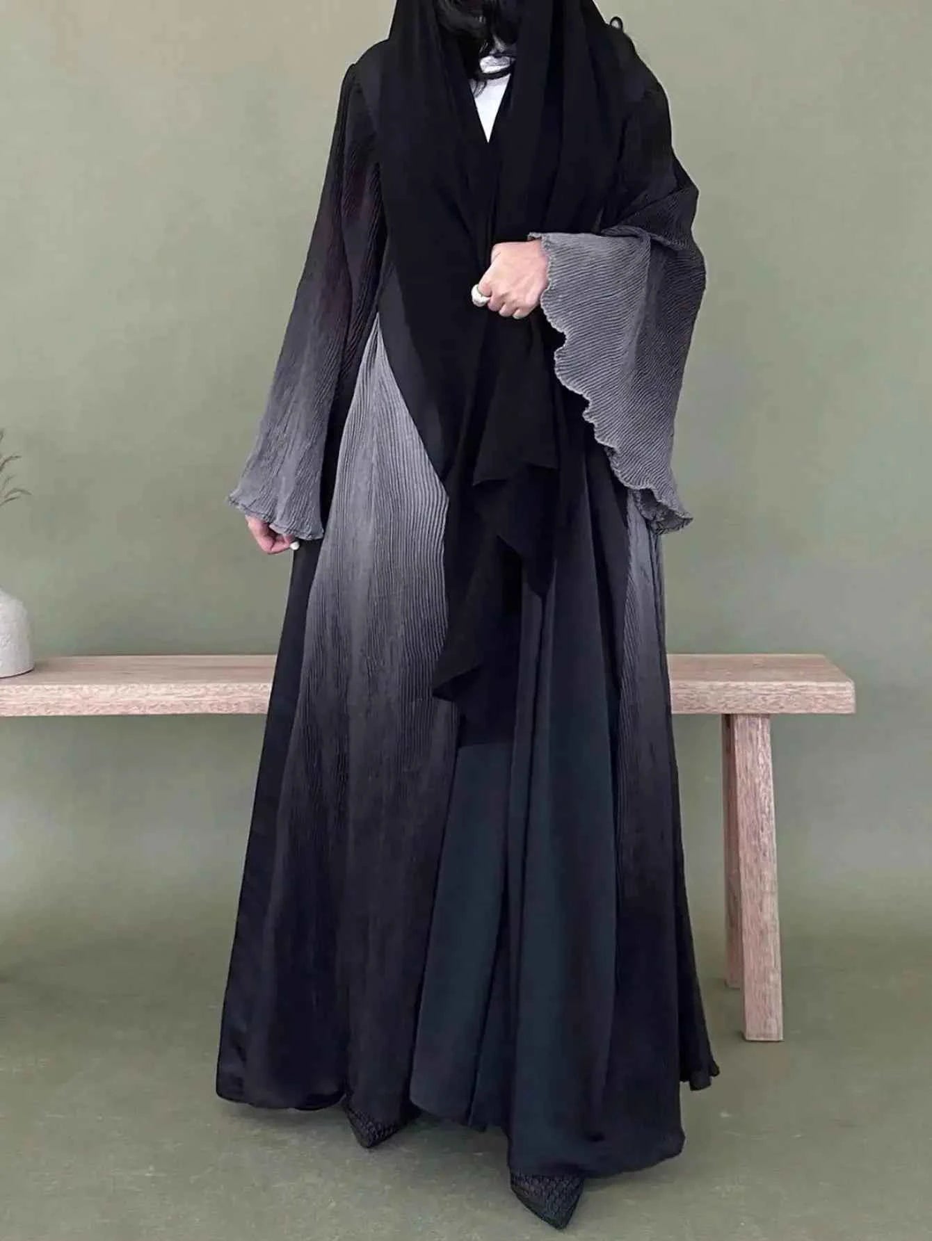 Middle Eastern Women Abayas Casual Kaftans Arabian Maxi Dresses Long Sleeve Pleated Open Front Abaya Jilbabs Without Hajib