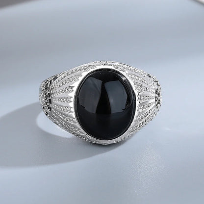 S925 Silver Jewelry Ring Natural Oval Rectangle Big Black Agate Stone Vintage Ring For Women Party Gifts