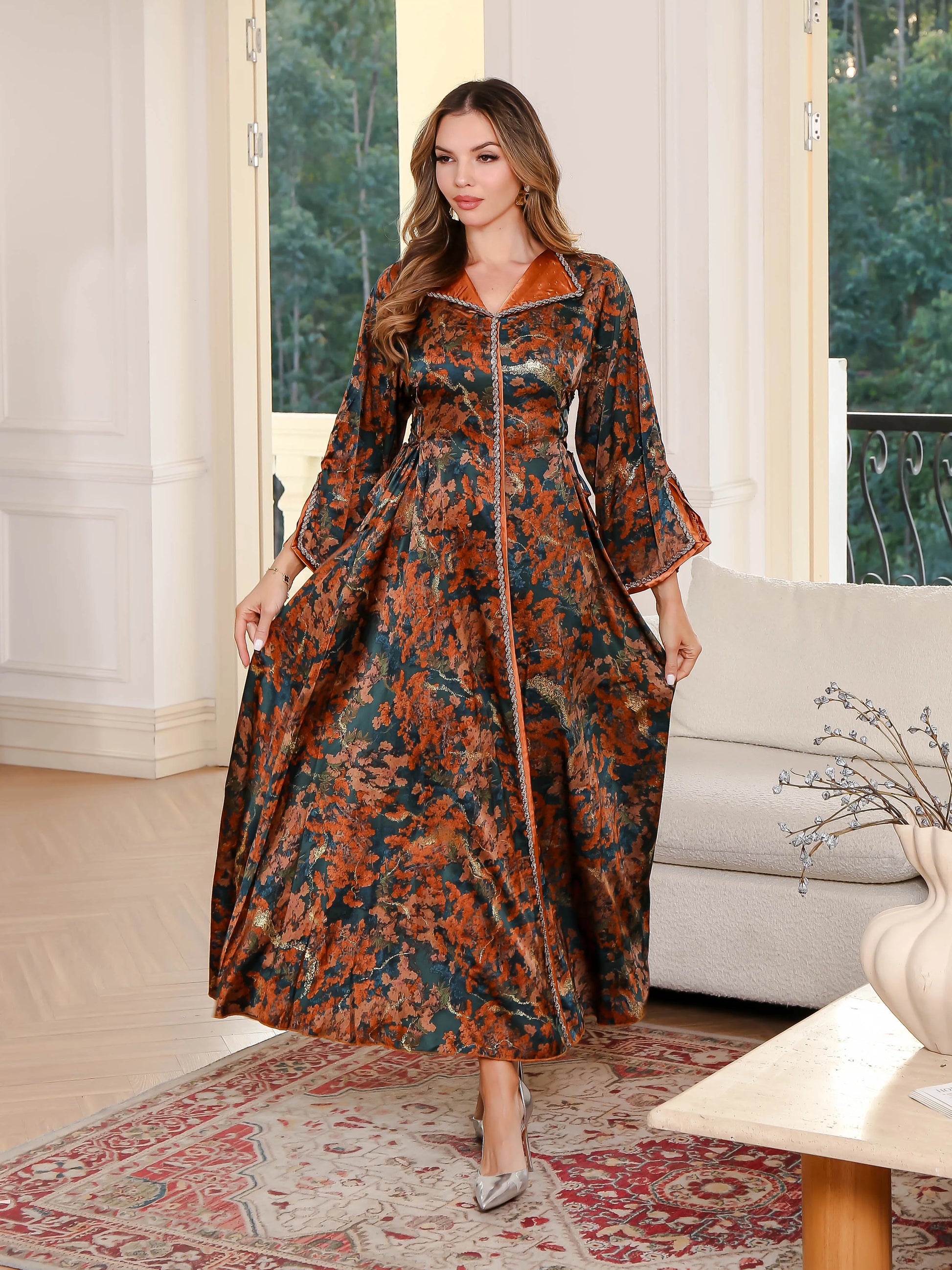 Elegant Plus-Size Floral Maxi Kaftan with Hijab - Lightweight Polyester, Long Sleeve, Open Front Cardigan for Women - Ideal for - AMULET RING STORE